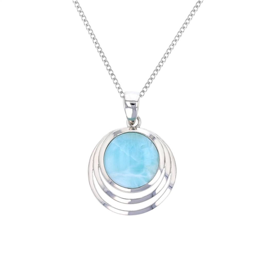 925 Sterling Silver Round Larimar 2 Open Circles Pendant 3.73 gm